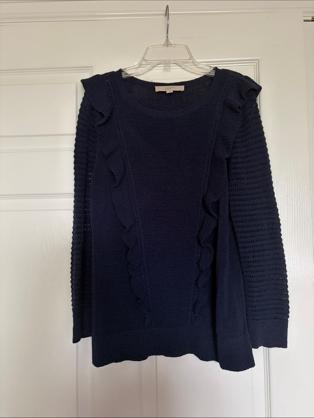 LOFT Navy Ruffle-Front Crewneck Sweater